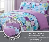 IMAGE OF 3 Pieces Reversible Purple, Blue, and Light Grey Geo Square Comforter and 2 Sham Set Queen Size Bedding