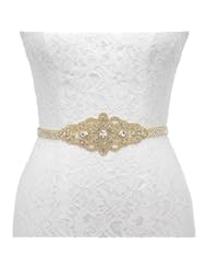 Art and Craft Supply: Remedios Satin Sash with Linear Beaded Design Rhinestones Belt For Wedding Bridal Prom Evening Dress,Gold - Remedios