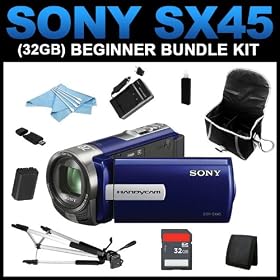 Sony DCR-SX45 Handycam Camcorder (Blue) (32GB Beginner Bundle Kit) includes NP-FV70 Charger, NP-FV70 Battery, 32GB SD Memory, Carrying Case, Full Size Tripod, USB Card Reader, Card Wallet, Cleaning Kit - (DCRSX45/L)