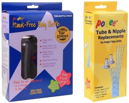 Combo Podee Baby Bottle - Double Pack Complete Handsfree Feeding System + Tube and Nipple Replacements by Piverde Corporation