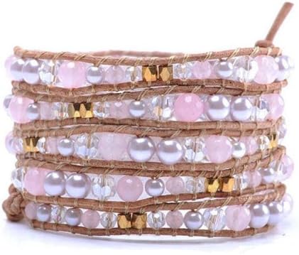 Lin Suu Jewelry Leather Long Wrap Bracelet Graduated Pink Pearlescent Crystal and Goldtone Beads 34 inches 5 Wraps