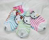 Hello Kitty Girl’s No Show Socks 3 Pair-3 Designs Size: 6-8.5 – White/Stripe