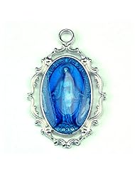 St. Saint Sterling Silver St. Saint Saint Miraculous Medal, Virgin Saint Mary, Immaculate Conception Medal Virgin Mary Pendant Necklace Medal L635SS Blue 18" Chain & Box