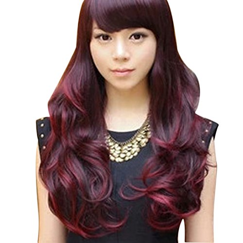 Sunward High Quality New Womens Girls Wine Red Fluffy Neat Bangs Long Full Curly Wavy Glamour Hair Wig Fashion Wig