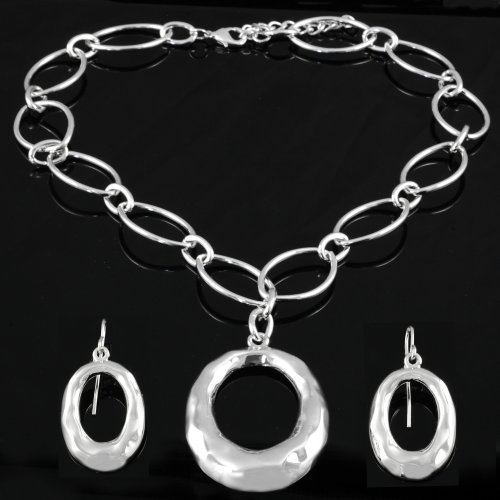 Oval Silvertone Necklace and Earrings