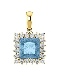 18K Yellow Gold 8.00x8.00mm Princess Cut Sky Blue Topaz and Diamond Pendant -- LIFETIME WARRANTY