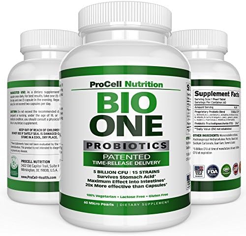 BIO-ONE: #1 Recommended Best Probiotic Supplement: 60 Daily Time Release Pearls - 15x More Effective with Patented Delivery Technology with 15 Targeted Strains of 5 Billion CFU - Improves Digestion