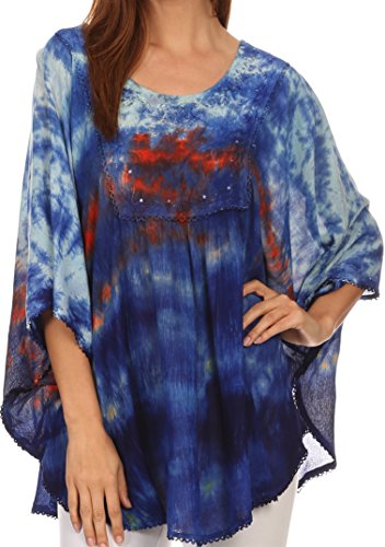 Sakkas 15031 - Lepha Long Wide Multi Colored Tie Dye Sequin Embroidered Poncho Top Blouse - Light Blue - OS