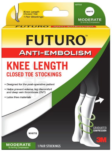 Futuro. Anti-Embolism Stockings, Medium Regular, White, Knee Length, Closed Toe, 1 Pair
