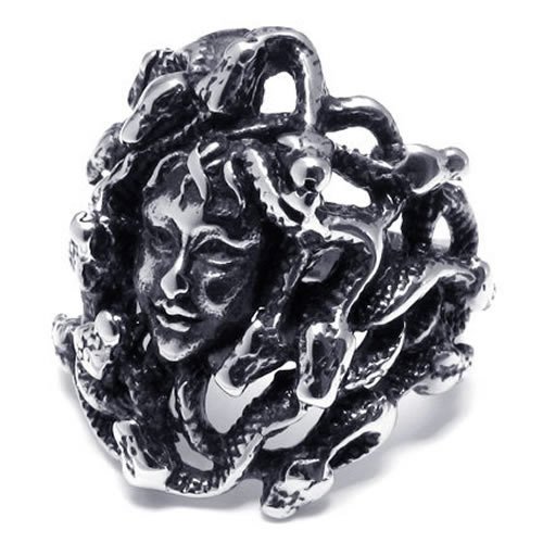  KONOV Bijoux Bague Homme - Medusa - Mythologie Grecque - Cheveux Serpent - Acier Inoxydable - Anneaux - Fantaisie - pour Homme et Femme - Couleur Noir Argent - Avec Sac Cadeau - F21919 - Taille 54