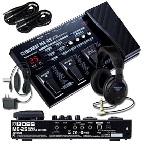 Boss ME-25 Guitar Multi-Effects Pedal with AC Power Supply, Samson CH700 Headphones, and (2) Sonic Sense Instrument Cables