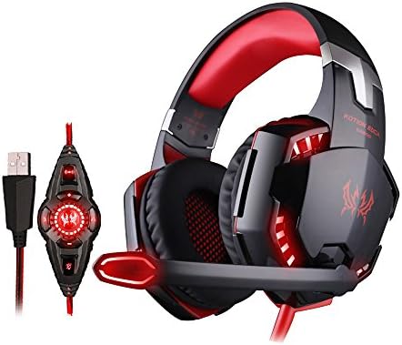 GuDenns 7.1 Virtual Surround Sound 50MM Hi-Fi Speaker gaming headphone USB Vibration Stereo Gaming Headset LED Flashlight Omnidirectional Microphone In-Line Controller for PC and Laptop Black and Red