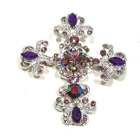 Lavender Purple Austrian Rhinestone Silver-Tone Cross Brooch Pin / Pendant (Dual Function)