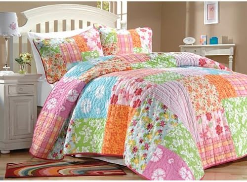 Pink Green Blue Hawaiian Flowers Beach House Cotton 2 Pc Twin Quilt & Sham Set