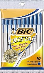 BIC Cristal Stic Ball Pen, Medium Point (1.0 mm), Blue, 10-Count