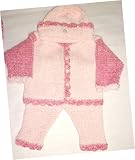 Knitted on Hand Knitting Machine Pink and Raspberry Two Color Chenille Infant Girls Outfit Cardigan Pant Hat Set Trimmed By Hand Crochet