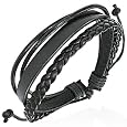 Braided Leather Bracelet, Multi-strand Black Leather, Adjustable, for Men and Women