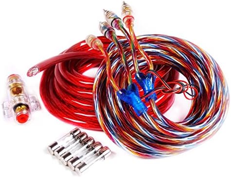 PACKAGE - 4 Gauge 17FT Red Power Cable + 5 AGU Fuses + AGU Fuse Holder + 18FT Light Up RCA Cable *Amplifier Installation Kit*