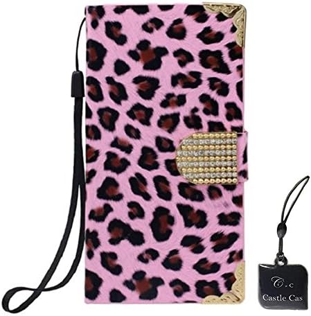 For Samsung Galaxy S5 Case - Castle Cas Leopard Series Bling Crystal Rhinestone Wallet Flip Type Magnetic Design PU Leather Case Cover with Mobile Phone Cleaner - Pink