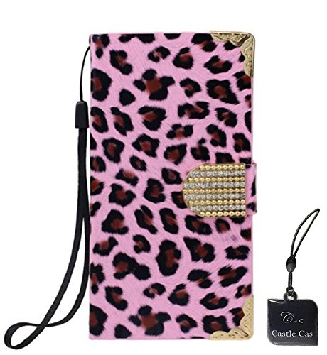 For Samsung Galaxy S5 Case - Castle Cas Leopard Series Bling Crystal Rhinestone Wallet Flip Type Magnetic Design PU Leather Case Cover with Mobile Phone Cleaner - Pink