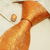 S4060 Designer Hand Made Orange Florals Pattern Necktie Cufflinks Set with Gift Box Ties for Him Jacquard Woven Pure Silk Mens Tie and Cuff Links Gift Tie Set
