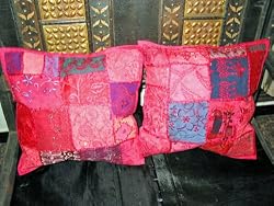 2 Deep Pink Embroidered Patchwork Sari Cushion Covers Indian Bed Pillows