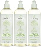 Puracy 100% Natural Liquid Dish Soap - No Sulfates (SLS, SLES, SCS) - THE BEST Dishwashing Detergent - Extra Suds - Won't Dry Your Hands Out - Vegan, Gluten-Free, Safe - Green Tea & Lime - Pack of 3