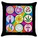 Throw Pillow Case Black of 60s Icons on Rainbow Swirl (Peace Symbol, Love Sign, Mushroom, Lava Lamp, Sunflower, Marijuana Leaf, Peace Hand Sign, Peace Dove, and Ankh) (Clothing, Fashion, Dress, Events, Hairstyles, Hippies, Fads, Trends, Movement, History, Soul, Style, Disco)