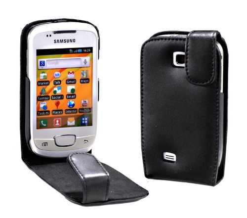 MaryCom PREMIUM QUALITÄT Leder Handytasche schwarz für Samsung S5570 Galaxy Mini Smartphone + Gratis Displayschutzfolie