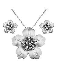 .925 Sterling Silver CZ Brushed Satin Blooming Flower Earrings and Matching Pendant-Necklace Set with 1.2mm Cable Rolo Chain - 16"+1" Inches Extension
