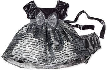 Baby Girls Elegant Metallic Overlay Dress with Matching Grey Satin Bloomer Diaper Cover 