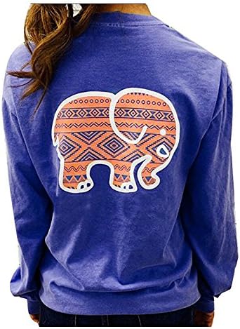 Women Long Sleeve Crew Neck Cotton Shirt Elephant Print Pocket Top (Tag M=US6, Deep Blue)