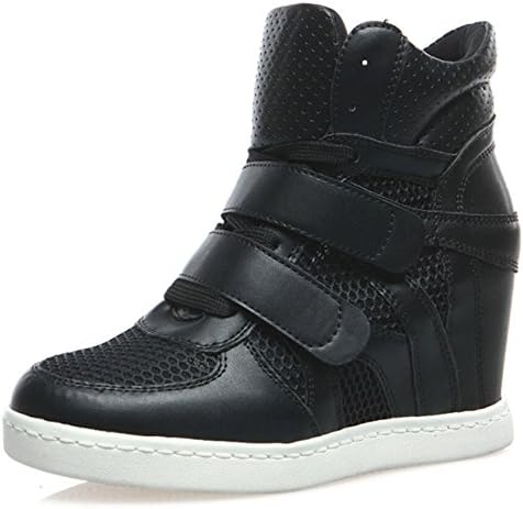 Amanda Gril Women's Black03 Faux Suede Velcro Strap Lace Up Sneaker Wedges 9 M US