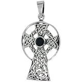 Sterling Silver Celtic High Cross Pendant w/ Single Black CZ, w/ 18" Thin Box Chain