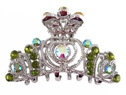 Hair Clip - H123 - Tiara Style - Silver Tone ~ Olivine (Olive Green) and Iridescent Swarovski TM Crystals