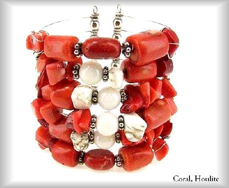 Bracelet Red Coral and White Tourquoise Bracelet Cuff BR-64