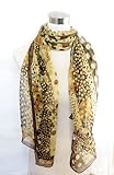 Chiffon Gold Woven Dot/Floral Print on Coffee - Silk Long Scarf 21