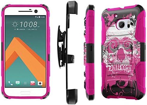 HTC 10 Case, [NakedShield] [Black/ Hot Pink] Heavy Duty Holster Armor Tough Case + [Screen Protector] - [Pink Skull] for HTC One M10 / HTC 10