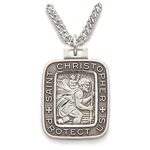 Sterling Silver 3/4 Inch Rectangle Engraved St. Christopher Medal on 20 Inch Stainless Steel Chain