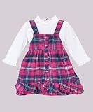 Youngland Heart Button Flannel Dress with Turtleneck Bodysuit (Sizes 0M - 9M) - fuschia plaid, 3-6mos.