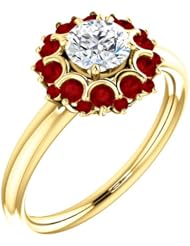 14K Yellow Gold Round Cut Diamond and Ruby Flower Inspired Ring -- LIFETIME WARRANTY