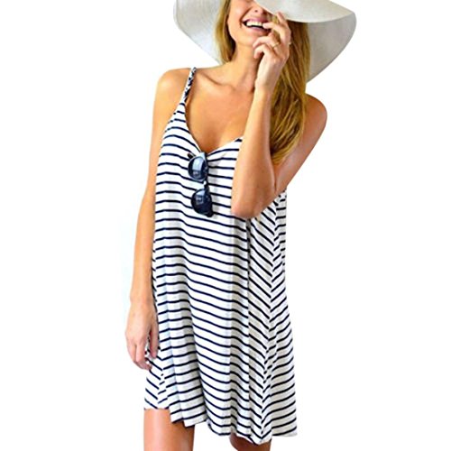 Sunward Women Sleeveless Striped Loose Mini Dress Beach Casual Sundress