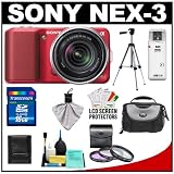 Sony Alpha NEX-3 Digital Camera Body & E 18-55mm OSS Compact Interchangeable Lens (Red) with 16GB Card + Battery + Case + Tripod + Accessory Kit