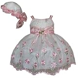 Newborn Girl Dress - Pink Flower Embroidery on White Sheer w/ Hat (0/3M -18M) NEW