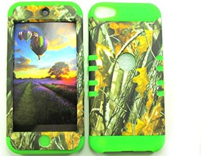 SHOCK RESISTANT HYBRID CASE, STYLUS PEN. KOOL KASE ROCKER FOR Apple IPod ITouch 5 HARD COVER AND LIME GREEN RUBBER SKIN HUNTER FOREST CAMO BIG BRANCH GR-WFL027 iPod iTouch 5