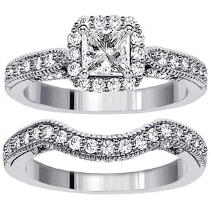 2.00 CT TW Halo Designer Princess Cut Diamond Engagement Bridal Set in 14k White Gold - Size 7.5