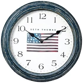 Seth Thomas Patriot Stained Blue Metal Case with White American Flag Dial Indoor Outdoor Round Wall Clock