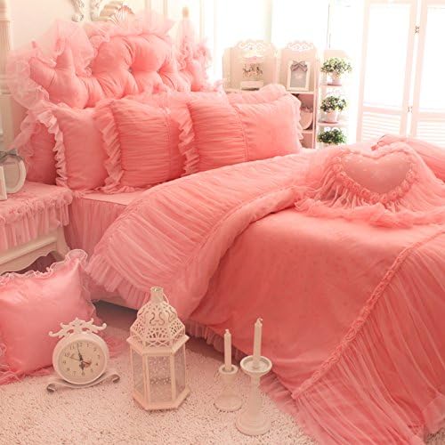 YOYOMALL Fairy Luxury Pink Princess Lace Ruffle Bed Skirt Bedding Sets, Super Soft Duvet Cover Set,100% Worsted Twill Cotton Lace Yarn Queen King,4Pcs (6ft)