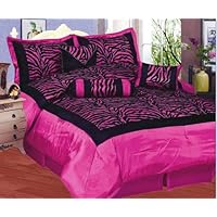 7pcs Satin Black Zebra Flocking Comforter Set Twin Size /4 Pillows , Hot Pink