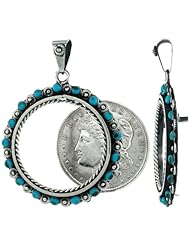 Sterling Silver 38 mm Silver Dollar & Mexican Olympic Coin Frame Bezel Pendant w/ Turquoise Beads & Floral Edge Design